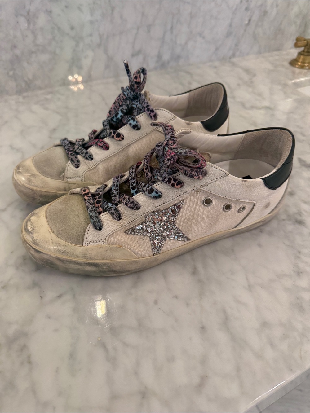 Golden Goose White Low-Top Sneakers with Glitter Star and Multicolor Laces